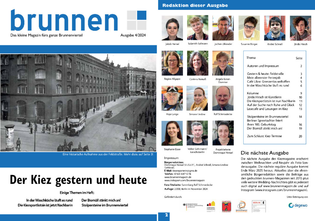 Die Titelseite und die erste Seite des Kiezmagazins "brunnen"