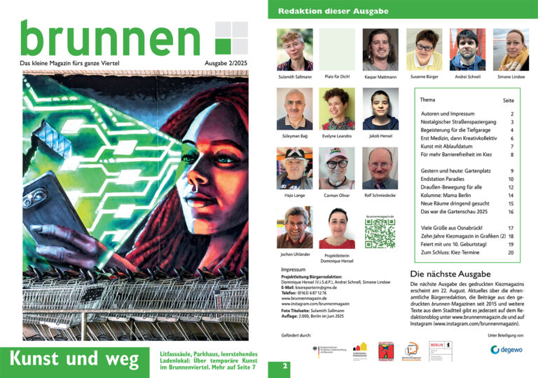 Titel und Rückseite des Kiezmagazins "brunnen", Ausgabe 2/2025