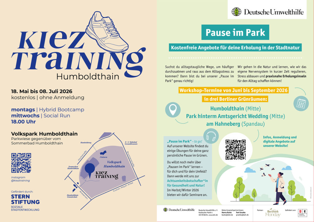 Plakate vom Kieztraining und Pause im Park Humboldthain 2026